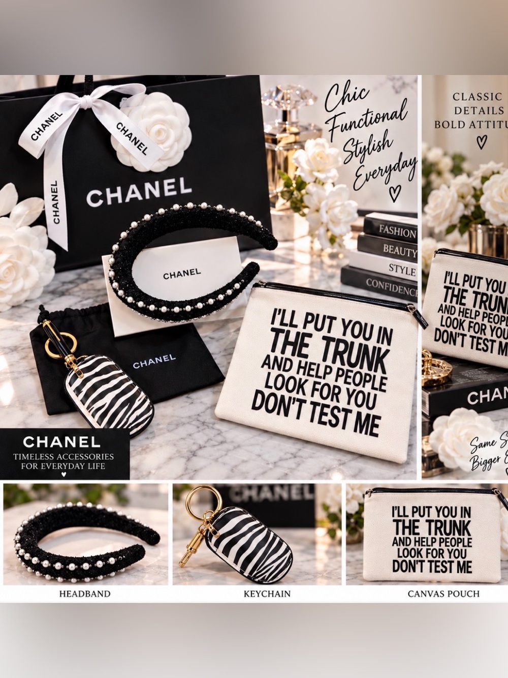 Black and White - Black Pearl-Trim Headband, Zebra Keychain & Ivory Canvas Pouch